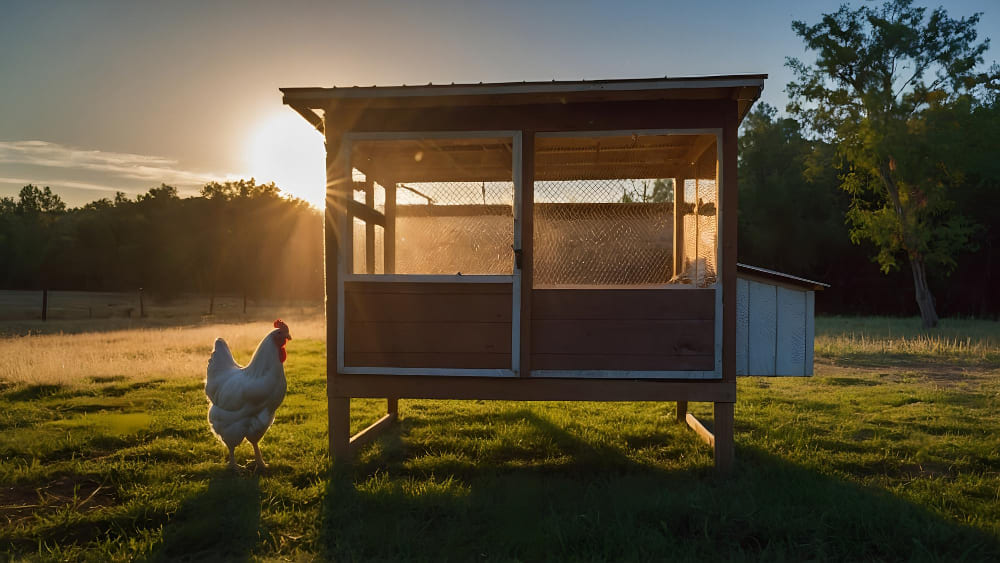 A plastic chicken coop being cleaned easily with a hose in a garden