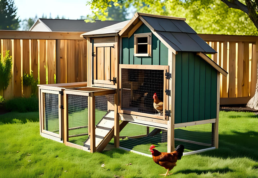 Side-by-side comparison of a plastic chicken coop and a wooden chicken coop in a garden