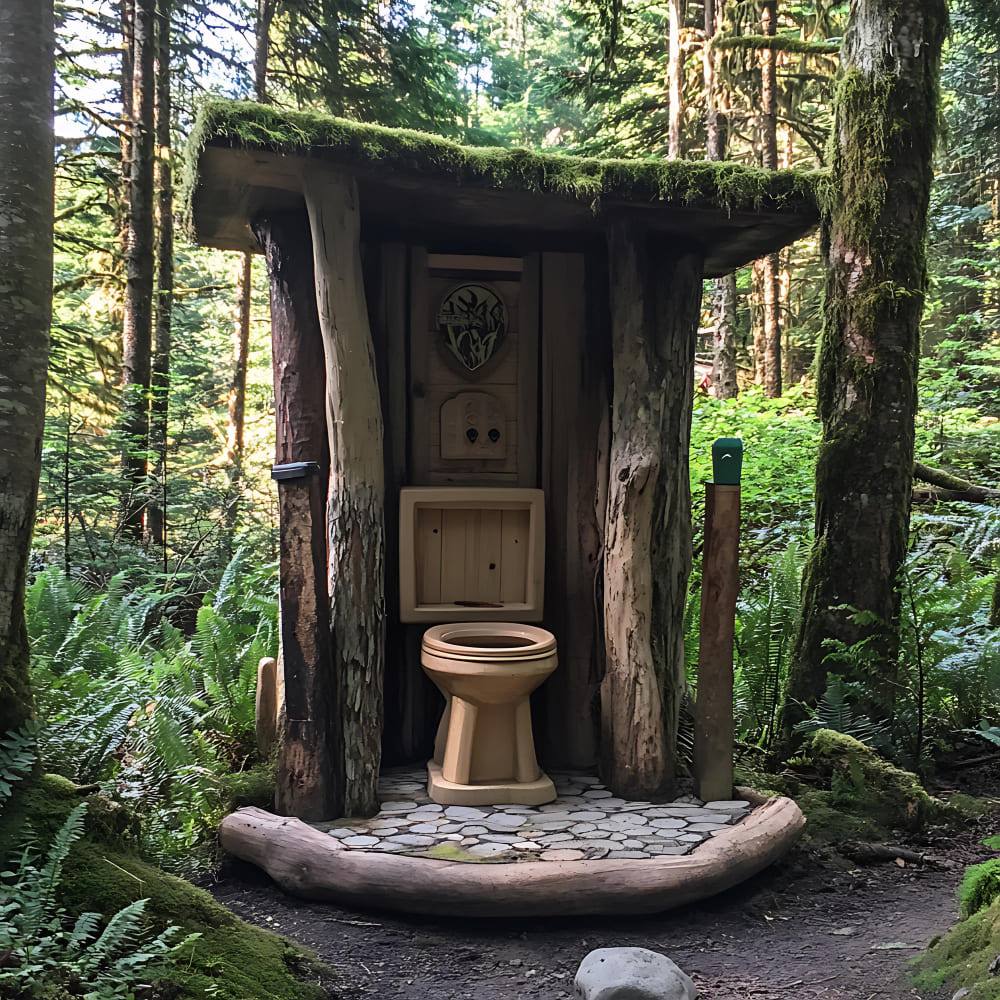 A simple DIY compost toilet built from wood in a rustic outdoor setting