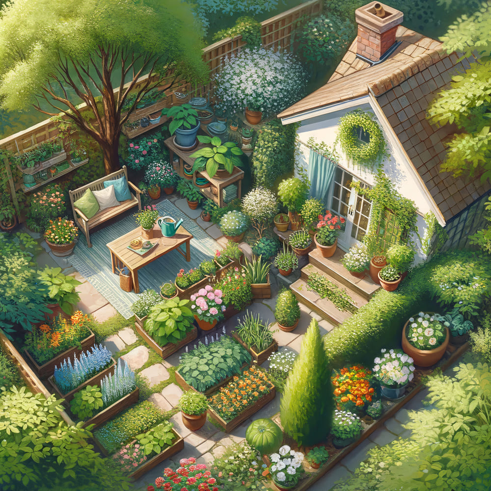 A beautifully layered permaculture garden with diverse plants and pathways