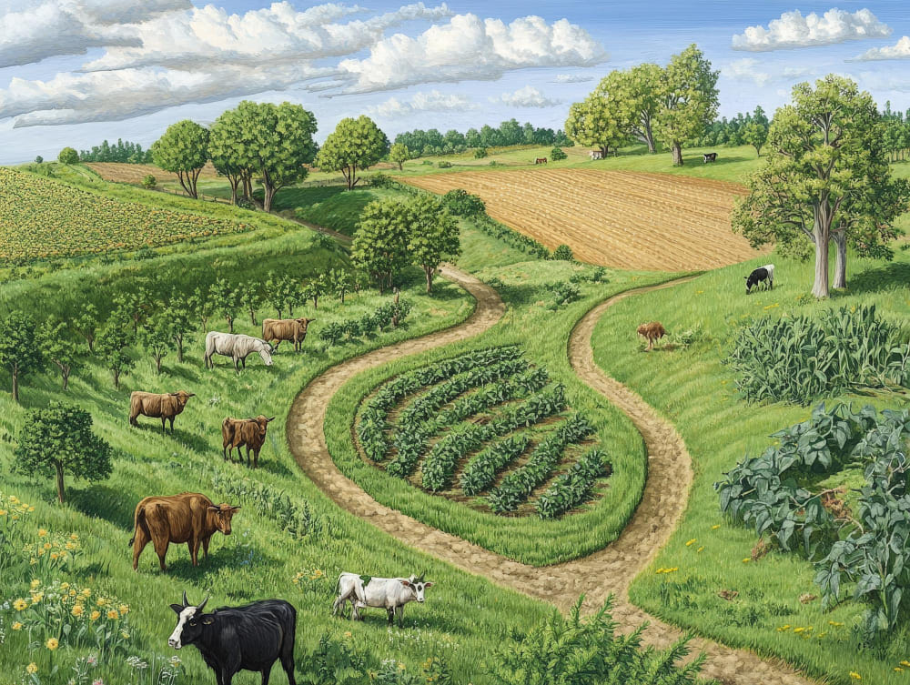 A regenerative farm with diverse crops, cover crops, and livestock grazing together