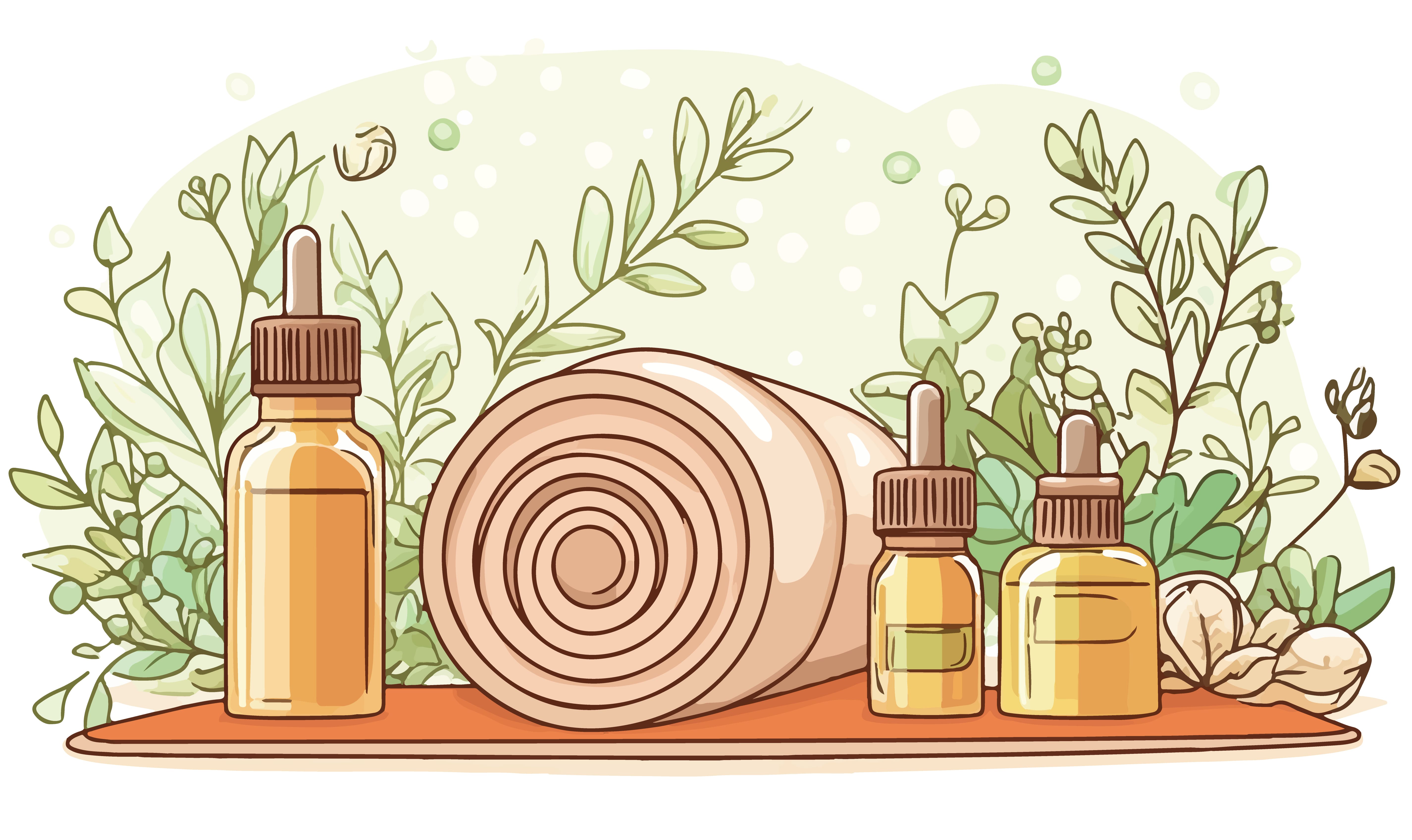 Essential oils — tea tree, garlic, and basil — arranged beside a wooden ear dropper