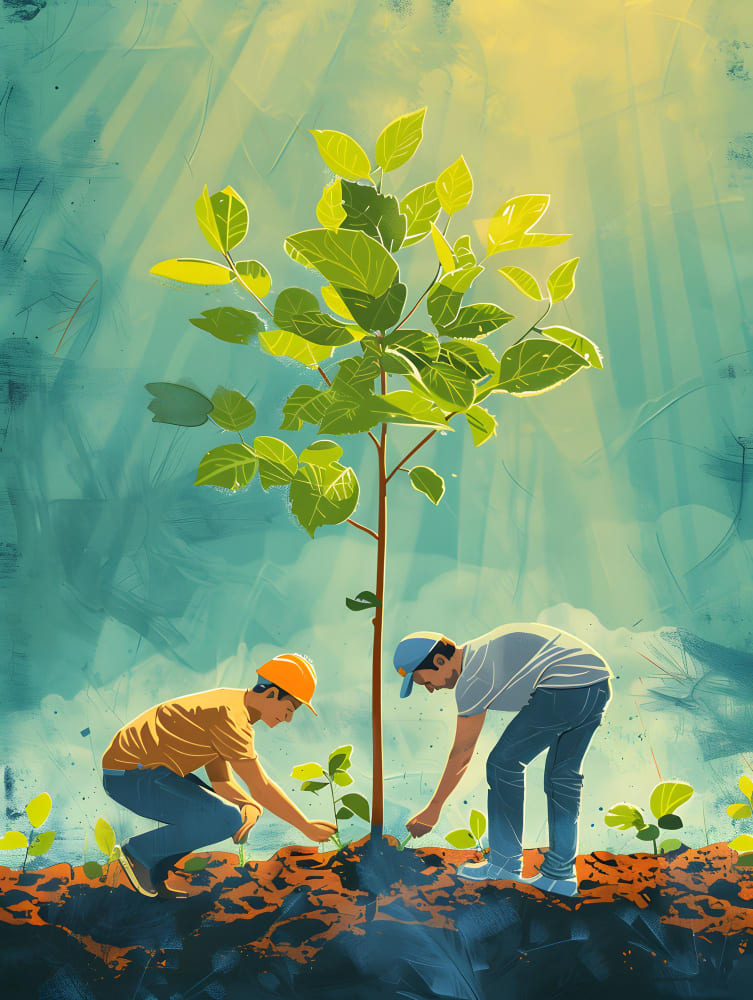 A young fig tree being planted and staked in a home garden